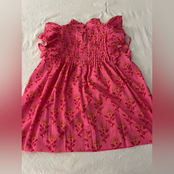 Ruffled Floral Printed Mock Neck Cap Sleeve Blouse Pink - Picture 3 of 6